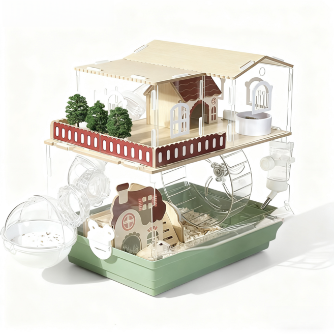 YAPOGI 세계일주 이층 햄스터 쳇바퀴 스마트리빙 케이지 완전 투명 대형 햄스터집, 1개, 그린A