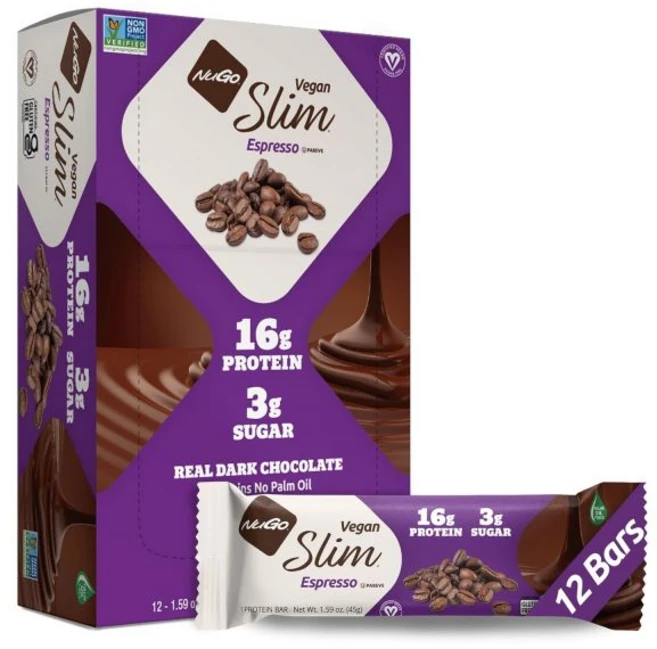 NuGo 에너지바 누고 슬림 다크 초콜릿 크런치 피넛 버터 17g 비건 프로틴 설탕 3g 섬유질 7g 180칼로리 낮은 순 탄수화물 글루텐 프리 12개입, 12개입 에스프레소, 12개, 45g, 1개 - 쿠팡