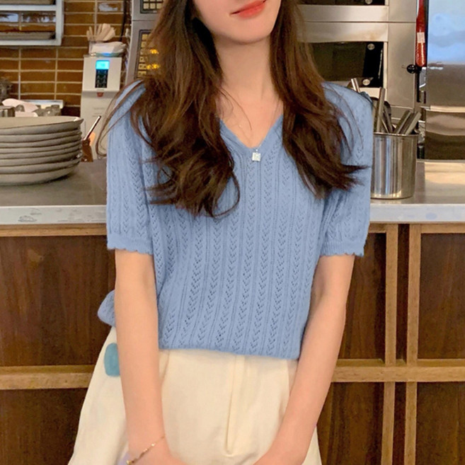 HAANV넥 반팔 니트 티셔츠 슬림핏 루즈핏 데일리 이너웨어 면티 상의