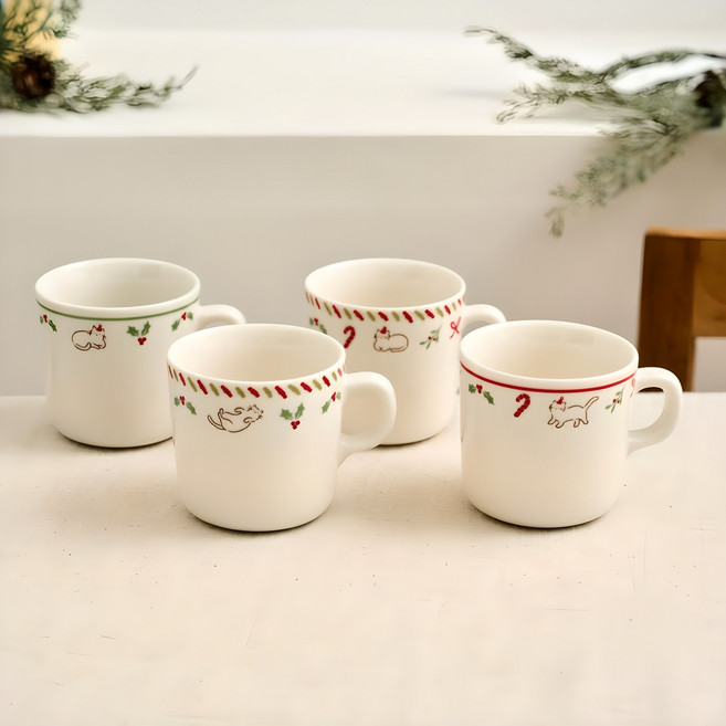 모던하우스 ON L 뚱냥이 산타애옹 머그 4종 세트, 화이트, 1세트