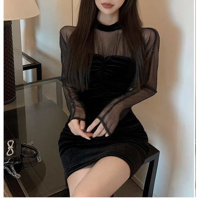 채윤러브 chaeyoon love 여성 긴팔 섹시 망사 힙랩 벨벳 미니 원피스