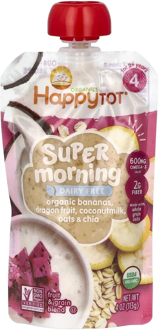 Happy Family Organics Happy Tot 슈퍼 모닝 유제품 무함유 4단계 유기농 바나나 용과 코코넛 밀크 & 귀리 + 슈퍼 치아 113g(4oz), HappyFamilyOrganicsHappyTot슈퍼모, 113g - 쿠팡