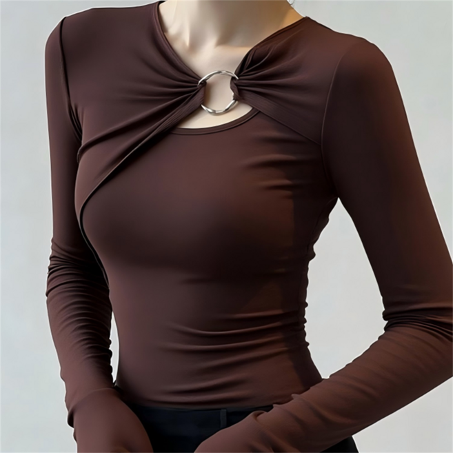 Vezri 여성 봄가을 긴팔 섹시 타이트 링 장식 티셔츠 슬림핏 상의 F88