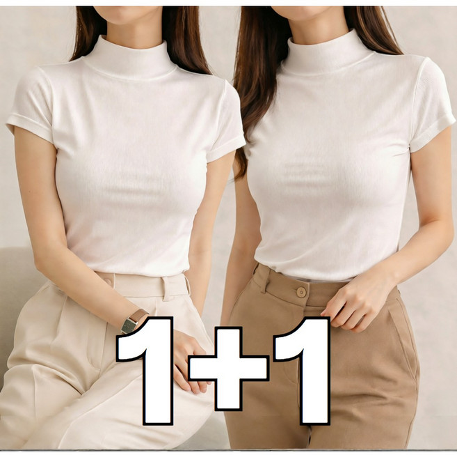 아쥬르 여성 하프넥 캡소매 반팔 반목 티셔츠 1+1