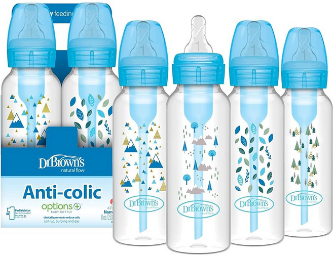 닥터 브라운의 자연스러운 흐름 항콜릭 옵션+ 좁은 젖병 8온스/250mL 레벨 1 슬로우 플로우 유두, Blue Nature, 8 oz, 4 Pack, 4 Count (Pack of 1)