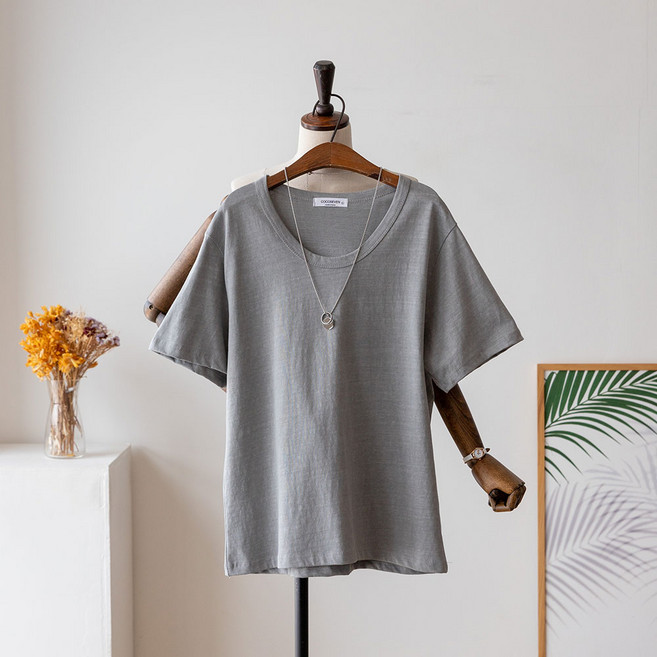 코코세븐 여성 빅사이즈 피그먼트 유넥 오버핏 반팔 티셔츠