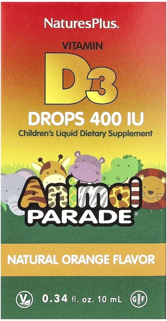 NaturesPlus Animal Parade 비타민D3 드롭스 천연 오렌지 10mcg(400IU) 10ml(0.34fl oz), NaturesPlusAnimalParade비타민D3드롭, 1개, 10ml - 쿠팡
