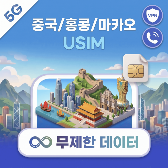 중국 홍콩 마카오 3개국 USIM 유심 데이터 전화 VPN 무료, 무제한, 완전 무제한, 1일