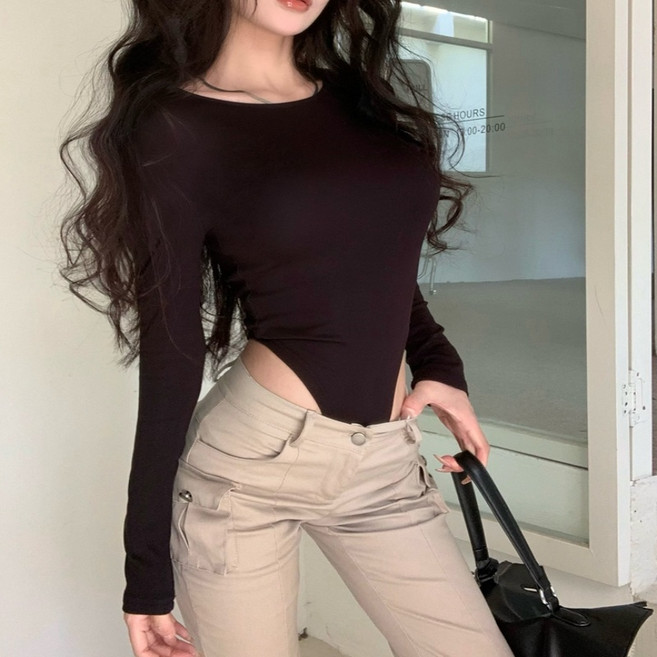쪼예 핫걸 쫀쫀 라운드 슬림핏 긴팔 바디수트 티셔츠