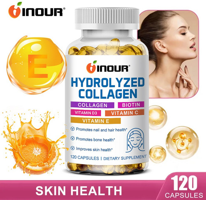 하이드롤라이즈드 콜라겐 5중 복합체 60/120캡슐 콜라겐 비오틴 비타민C 비타민D3 비타민E 함유 고함량 비오틴 300mcg, 3개, 120정