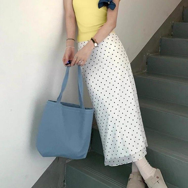 波點紗長裙 高腰顯瘦復古時尚半身裙