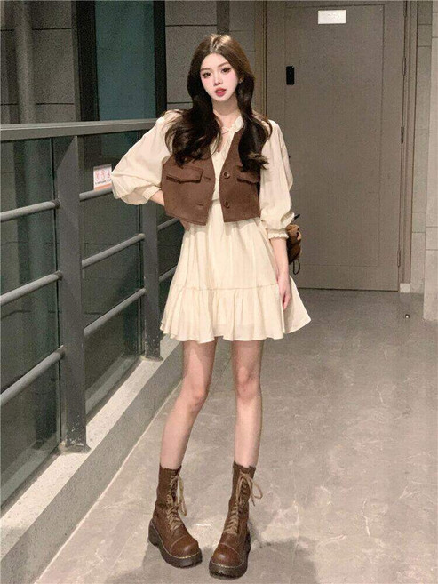 法式白色長袖連衣裙女春秋季氣質仙女裙收腰顯瘦短裙, 單件棕色馬甲【有內襯】,xl