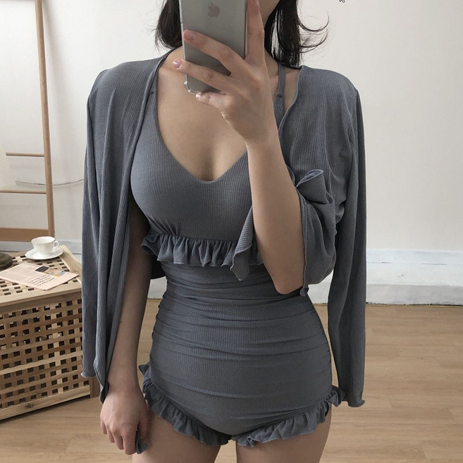 [인클로젯제작] 체형커버 가디건세트 프릴 모노키니 수영복 비치웨어 임산부수영복 원피스비키니 휴양지 바캉스, 그레이