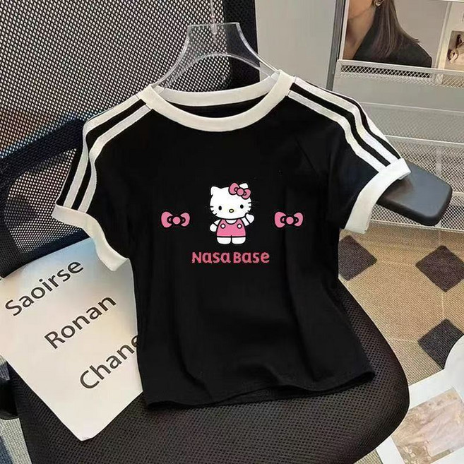 귀여운 헬로키티 8가지 도안 프린트 캐릭터 여아 주니어 순면 티셔츠 여름 반팔티+준펑이커머스 머리끈
