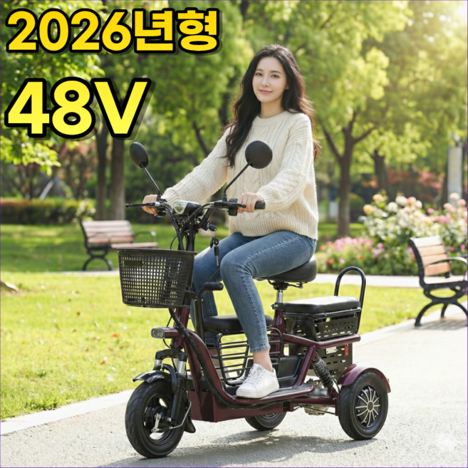 타보니 세발전기자전거 오토바이 스쿠터 2인승 3인승 여성용 성인용 노인용, 레드, 경량스틸