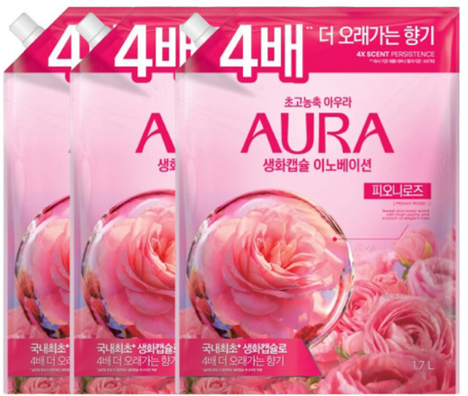 아우라 생화캡슐 초고농축 섬유유연제 리필 1.7L 피오니로즈, 3개