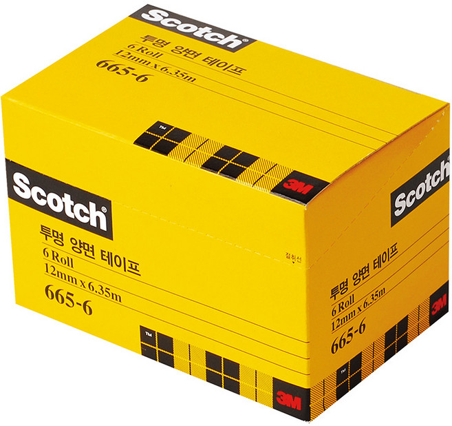 3M 투명 양면 테이프 리필 665R-6 오피스팩 12mm 얇은 선물 포장 1인치 테이프, 단품