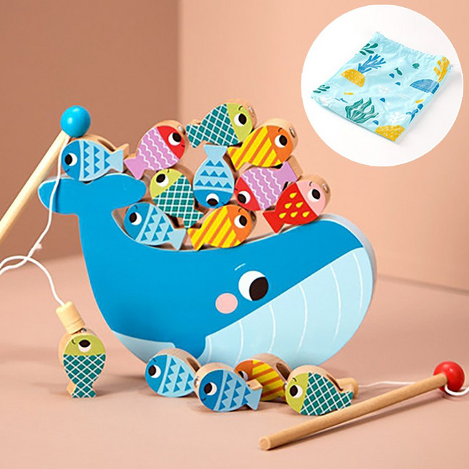 유아 원목 자석 낚시놀이 장난감 3in1 고래 물고기 실꿰기 쌓기 아기 교구 파우치포함, 1개