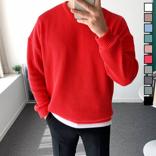 남자 봄 맨투맨 오버핏 골지 스판 니트 티셔츠