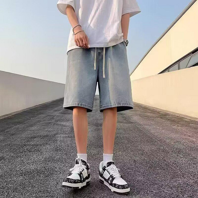 男款美式高街寬鬆直筒休閒牛仔五分褲