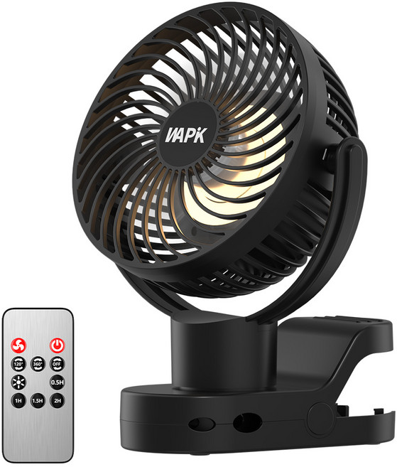 와피크 집게형 미니 무선 선풍기 F8 Pro USB충전식 탁상용 자동회전 무드등 유모차, 블랙