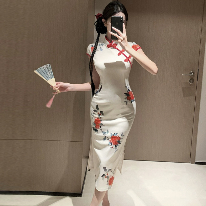 改良式旗袍 復古國風彈力印花中長洋裝 開衩包臀剪裁, 單色
