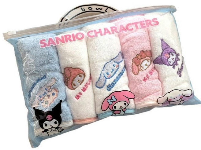 산리오 캐릭터즈 자수 고리 핸드타월 5종 세트 쿠로미 마이멜로디 시나모롤 어린이집 수건 1개 산리오 수건 5종세트