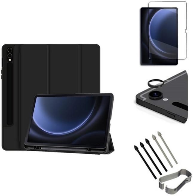 갤럭시탭S9 S9플러스 S9울트라 FE S펜수납 호환 북커버 케이스 강화유리 보호필름 케이스나라 S9+ ULTRA, 블랙