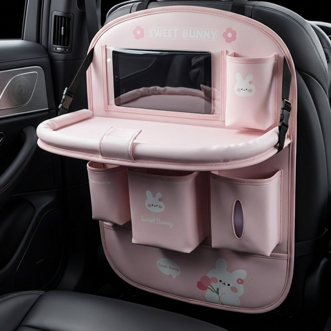 깔끔 귀여운 차량용 뒷자석 정리함 / 테이블형 올인원 / 후크걸이 증정, 핑크 토끼, 1개