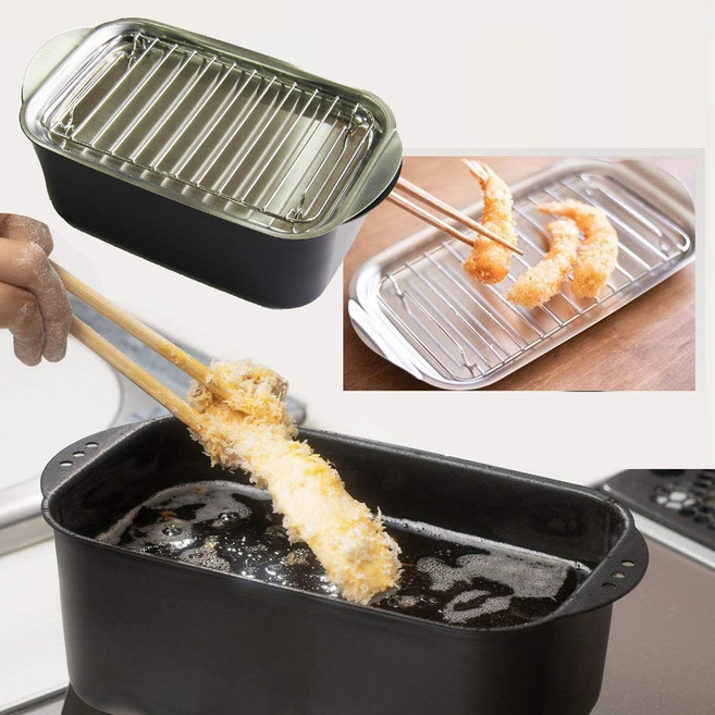 스기야마 사각 미니 튀김냄비 1.9L 튀김망 세트, 1개, 블랙, 20cm