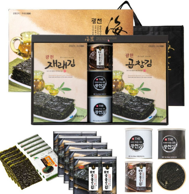 광천김 3캔 숯불 재래 전장김 10봉 혼합 세트 세번 구운 바삭한 해달음 김 명절 선물세트, 1세트