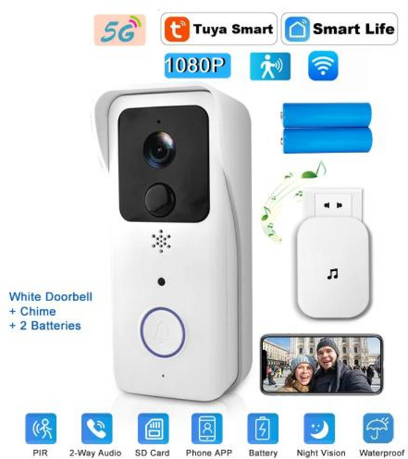 무선 초인종 현관 도어벨 인터폰 5G 2.4G WiFi 비디오 1080P Tuya 스마트 야외 인터콤 방수 카메라 ACDC 전원 벨소리, White Option 2, EU 플러그, 1개