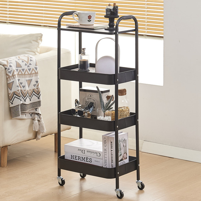 라온프리 튼튼한 철제 이동식 트롤리, 블랙, 4단