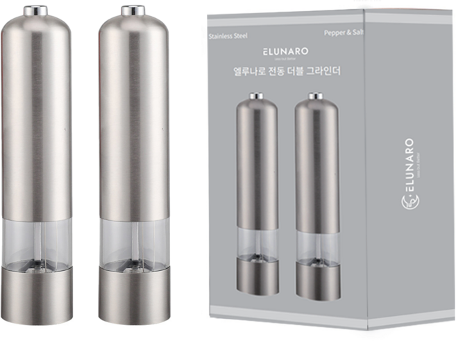 1+1 엘루나로 자동 전동 소금 후추 그라인더, 1세트, 스텐+스텐, 80ml