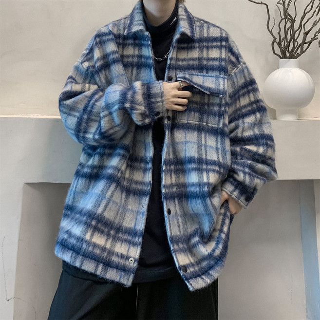 다중성 남성 추동 체크 스타일 루즈핏 캐쥬얼 데일리 모직 스타일 도톰 셔츠 재킷 아우터fgs12zz