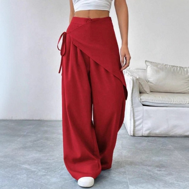 쁘띠꼬모 여성 하이웨이스트 랩 와이드 슬랙스 스트랩 팬츠 GX1121310