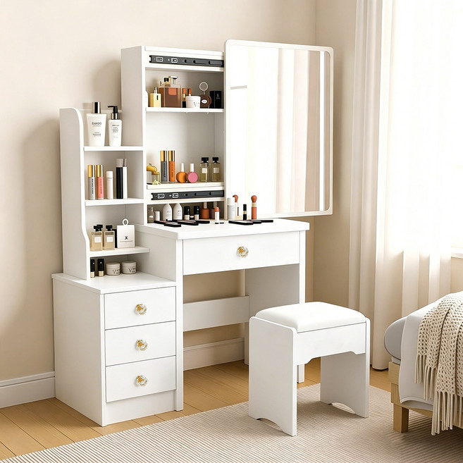 확장형 수납 서랍 입식 화장대 100cm 화이트, 흰색