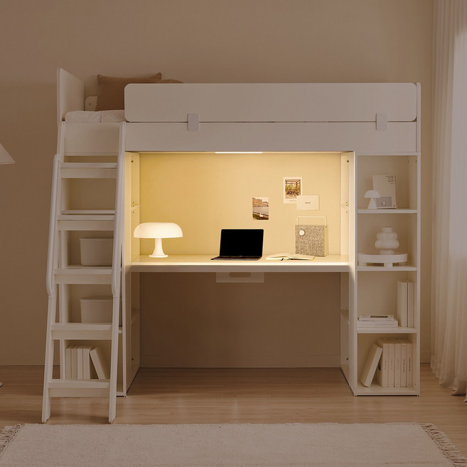 윌코 윌로우 라임 2층 책상 수납 벙커침대 프레임 SS 풀세트(LED 조명 + 멀티탭 거치대 포함), 아이보리