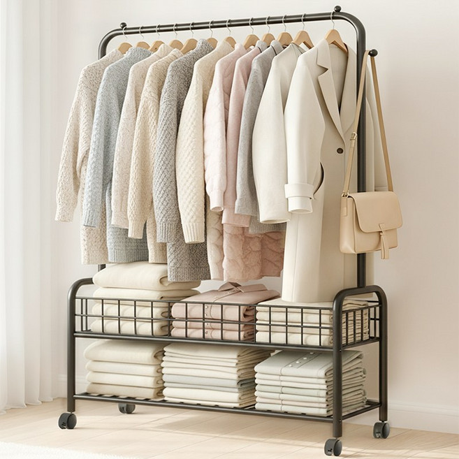 FODOSS 2단 업그레이드 대용량 튼튼한 이동식 가정용 행거 바퀴 달린 이동식행거, 검은색