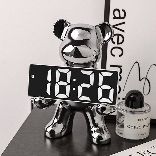 리틀보트 베어브릭 LED 탁상시계, 실버