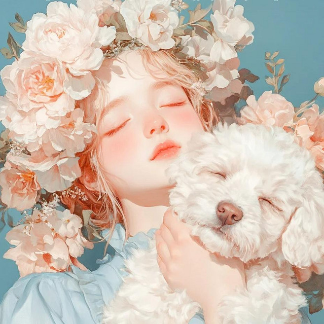 3D보석십자수 DIY키트 꽃속 푸들 고양이 안고 잠든 소녀 캔버스형 액자형 원단형 북유럽 감성 인물화 해바라기 모란꽃 수국꽃 일러스트, 1개, 01 소녀와 푸들 원단형 30*30CM