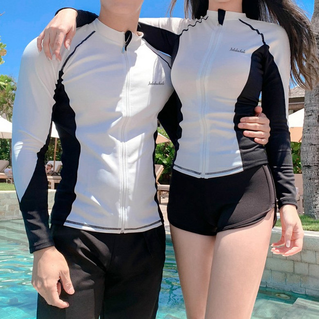 커먼식스 커플 화이트 래쉬가드 남자 여자 수영복 상하의 세트, 남성, 3XL