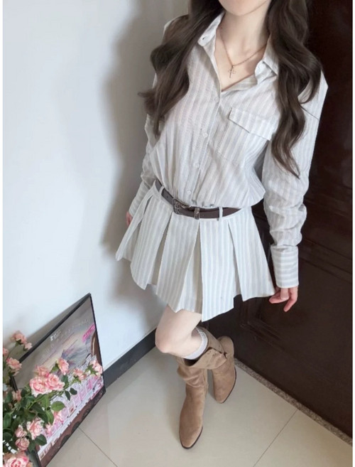 Seofst 여성 봄여름가을 스트라이프 셔츠 원피스 긴팔