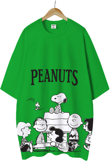 엠제이스타 피너츠 여성 우리들세상 반팔 루즈핏 롱 프린팅 캐릭터 티셔츠 오버핏 반팔티