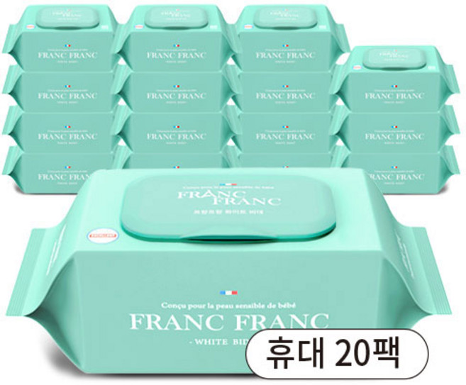 프랑프랑 플라스틱0% 화이트 비데 물티슈 60gsm(무향), 60, 20매입, 20개
