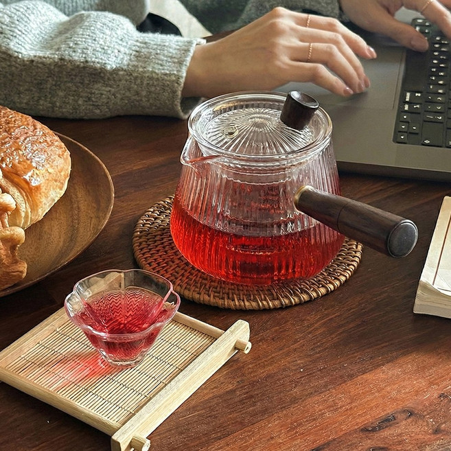 웜쿨러 크리스탈 우드 핸들 차주전자+찻잔1p+찻잔받침 세트, 1세트, 400ml, 투명