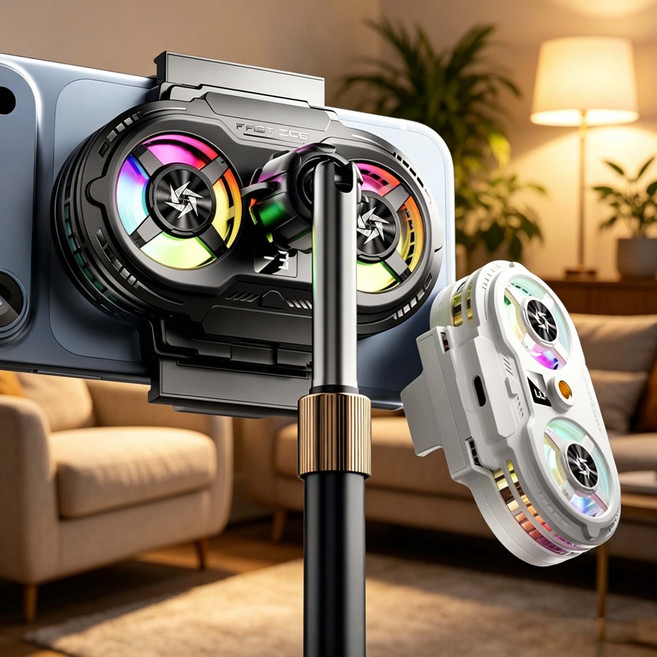 스마트폰쿨러 듀얼팬 듀얼코어 냉각 강력한 더블 모터 초대형 냉각 면적 3단 온도 조절 신축식 클립 실시간 디지털 디스플레이 휴대용 쿨링 팬, 화이트, 1개