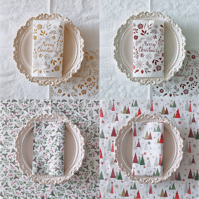 오릴리 크리스마스 파티 플라워 디자인 종이 냅킨 홀리데이 4탄, 2세트, 20개입, 홀리 윈터 33cm
