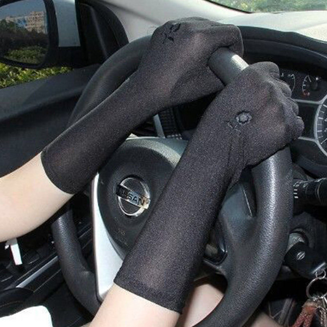 예삐스토어 플라워 자수 3부 운전 장갑 롱장갑 운전용 긴 얇은 면장갑 UV 자외선 차단, 2세트, 검정