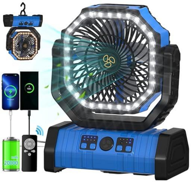ADUST 캠핑 팬 배터리 작동 전원 팬 LED 랜턴 조명 20000mAh 충전식 휴대용 텐트용 360° 회전 걸이 후크가 있는 진동 팬 무선 USB 책상 팬(블랙키쉬, 블루